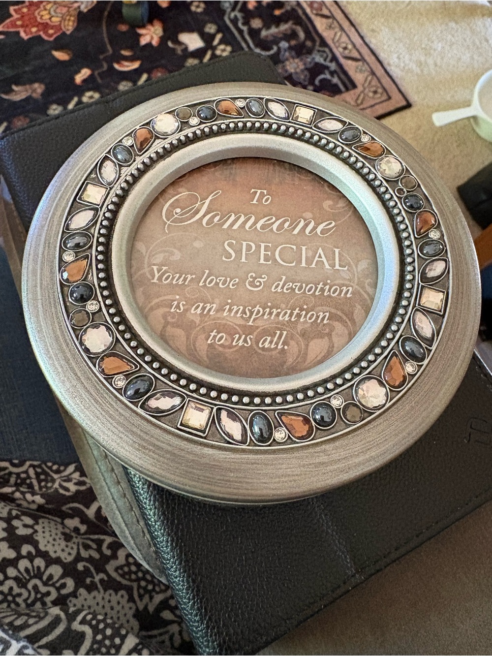 Round Decorative Picture Frame with Jewel Accents - Silver and Brown
